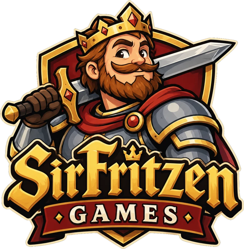 Sir Fritzen Games emblem: a smiling bearded knight with a crown and sword